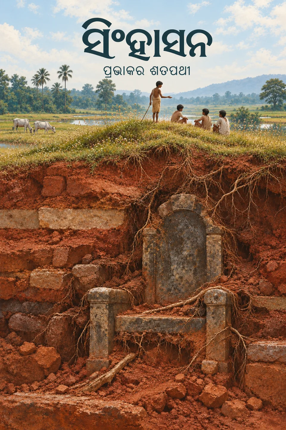 A cowherd stands above a throne buried in red earth and roots.