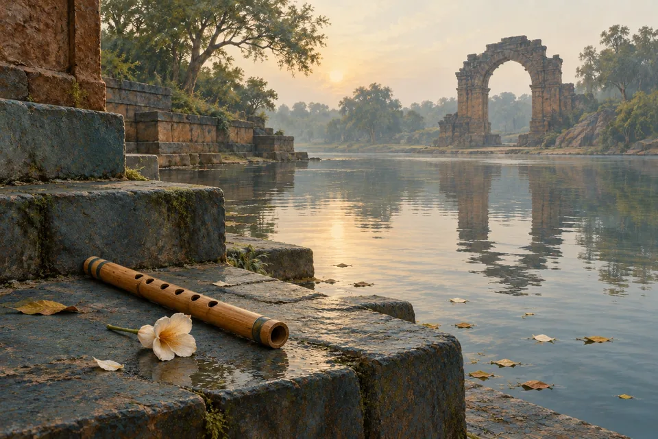 A bamboo flute and pale flower rest beside still water.