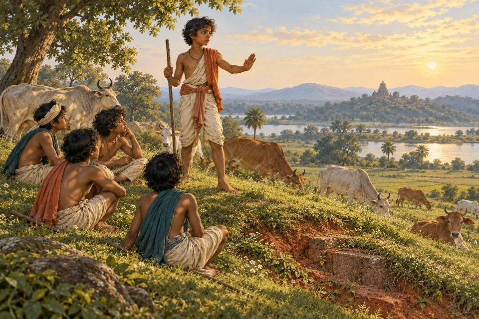 A young cowherd stands firmly on a grassy mound and quiets his seated companions.