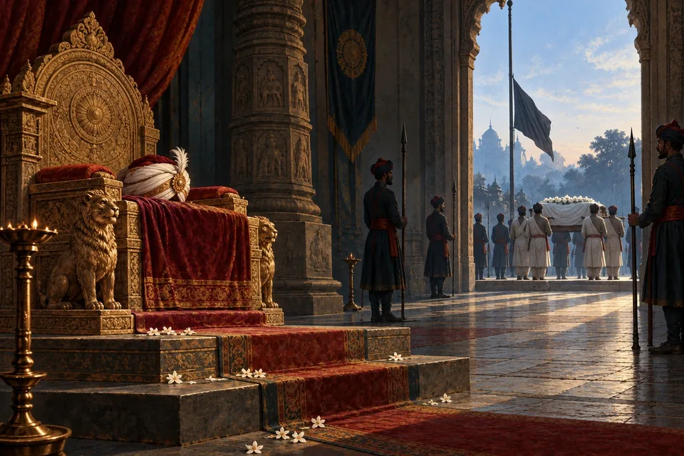 An empty ceremonial turban rests on a newly prepared throne in a guarded hall.