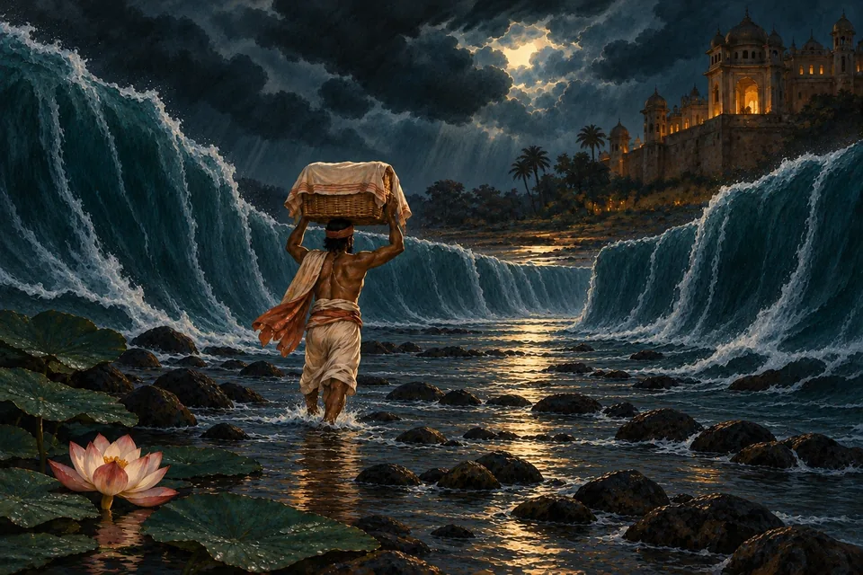 A father wades through a parted dark river carrying a small covered woven cradle above his head, beneath monsoon clouds.