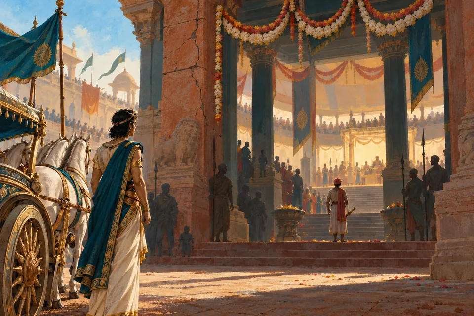 A young traveller’s chariot waits outside a festive palace arena.