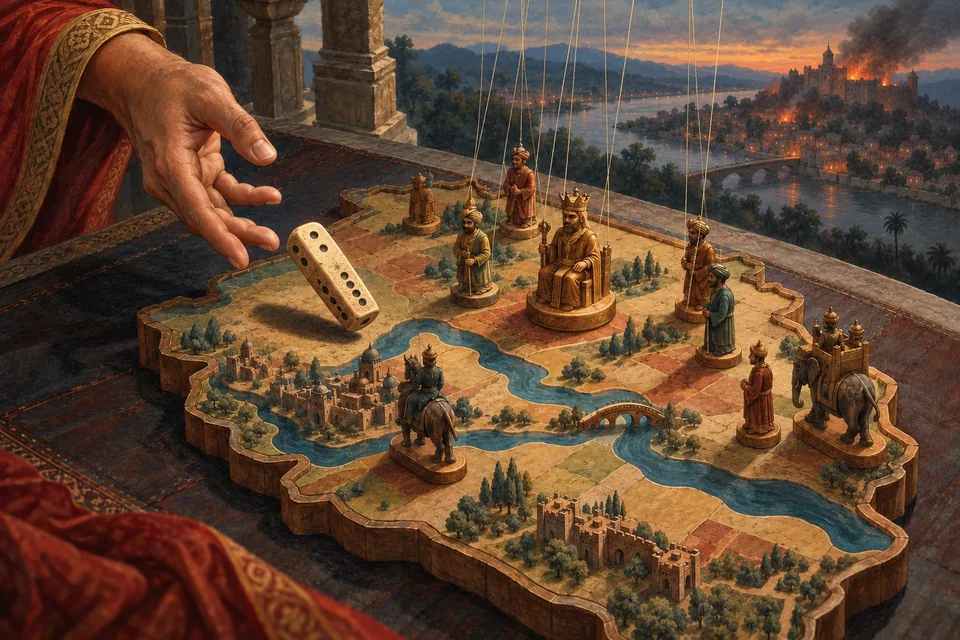 A hand releases a single elongated ancient gaming die onto a board shaped like a small kingdom.