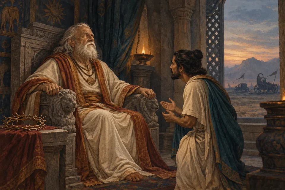 An elderly blind king, eyes closed naturally, grips the arms of a stone throne in a dim hall.
