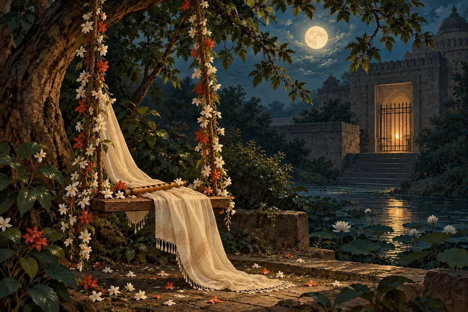 An empty flower-hung swing with a bamboo flute and flowing modest ivory shawl in a moonlit grove; through foliage a small iron-guarded jewel chamber doorway glows dimly.
