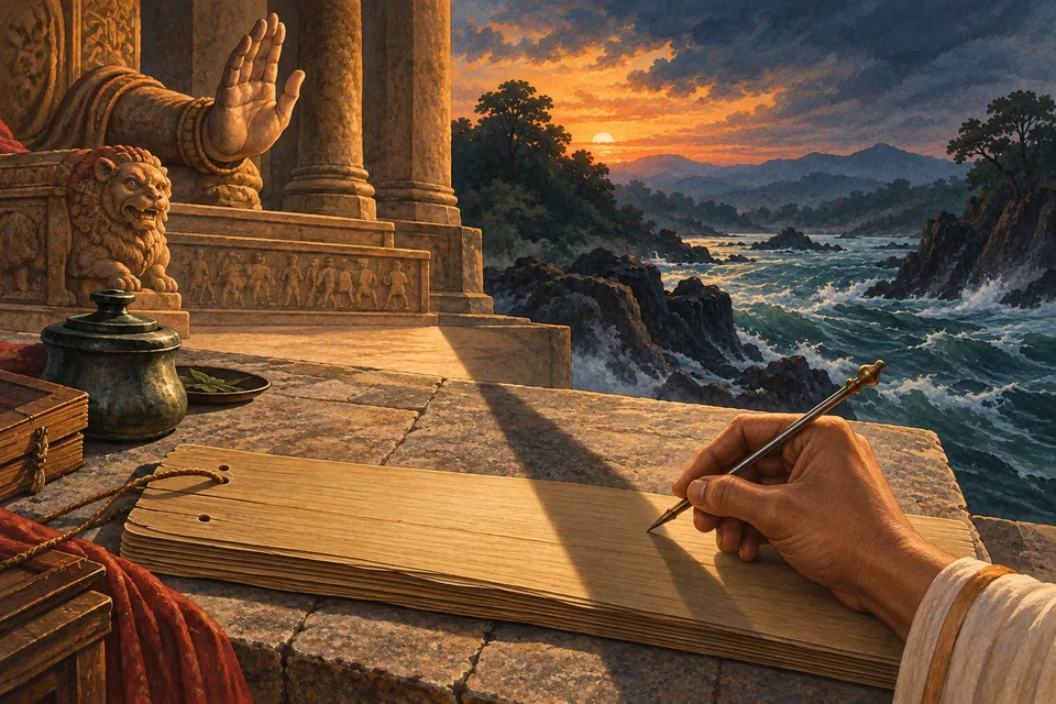 A fine metal stylus hovers over an unlettered palm-leaf manuscript on a stone desk.