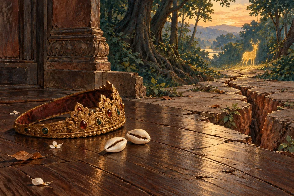 Two pale cowrie shells rest beside a displaced royal circlet on a dark wooden floor.