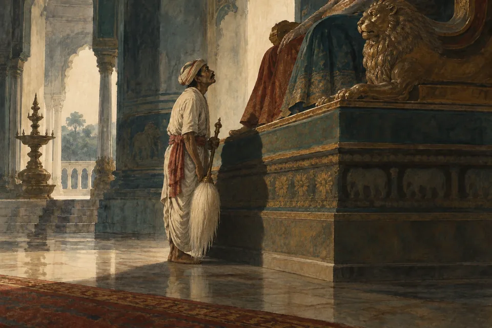 A tired court attendant holding a white fly-whisk stands very close to a huge throne, his face tilted toward the unseen ruler for the slightest acknowledgement.