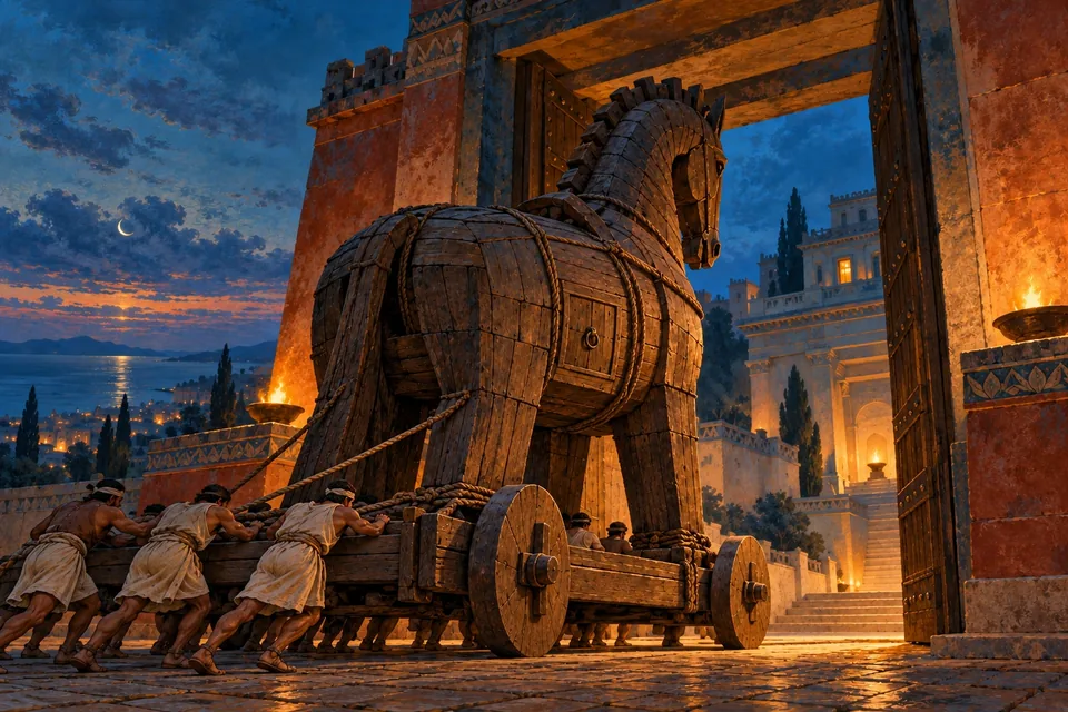 A large wooden horse is being drawn through a fortress gateway at blue dusk.
