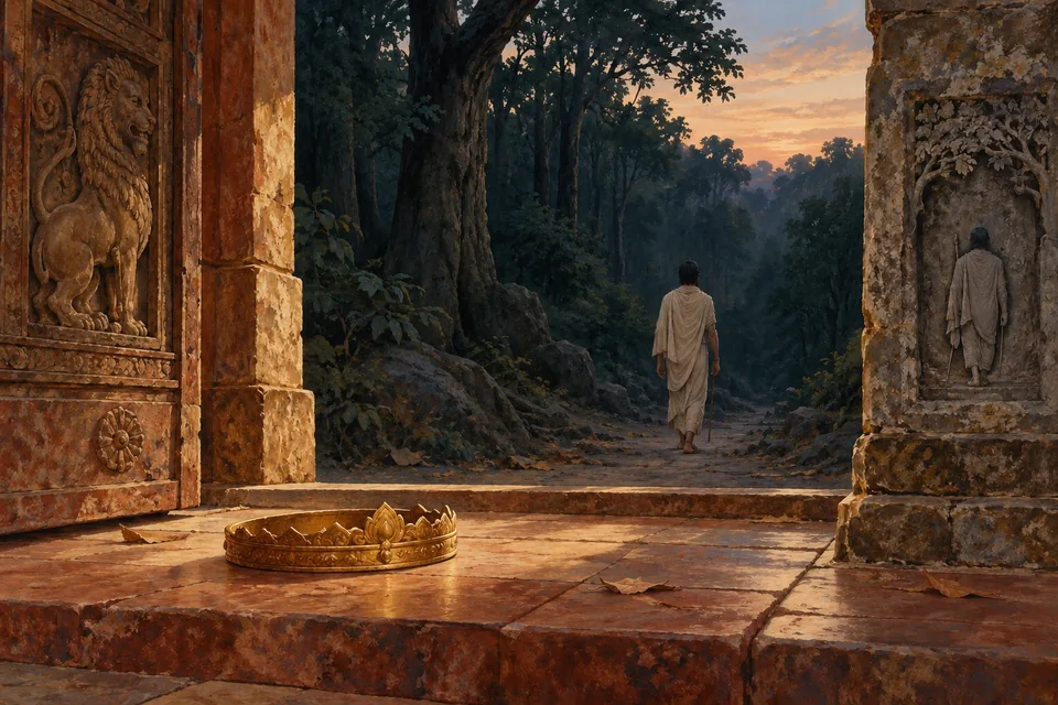 A gold circlet lies on the palace threshold; beyond it a solitary plainly robed figure walks into a dark forest, seen from behind.