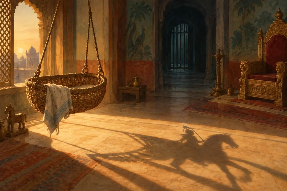 An empty woven cradle in a warm dawn-lit nursery casts a shadow shaped like a mounted rider across the floor toward a royal chair.