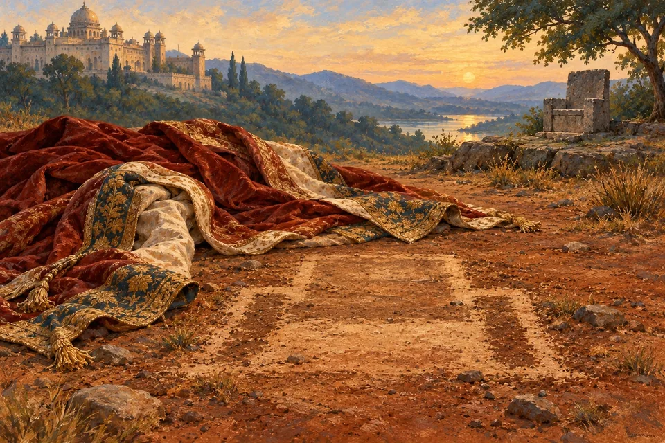 A richly folded royal robe rests directly on a simple patch of dusty earth, yet the dust beneath it has the clean rectangular outline of a throne.