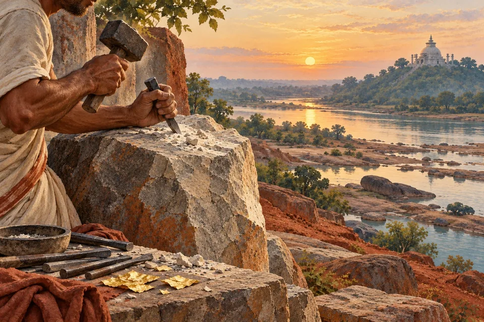 A stone carver's hands and chisel work on a blank weathered rock above the Daya river, with a low rounded Dhauli-like hill beyond.