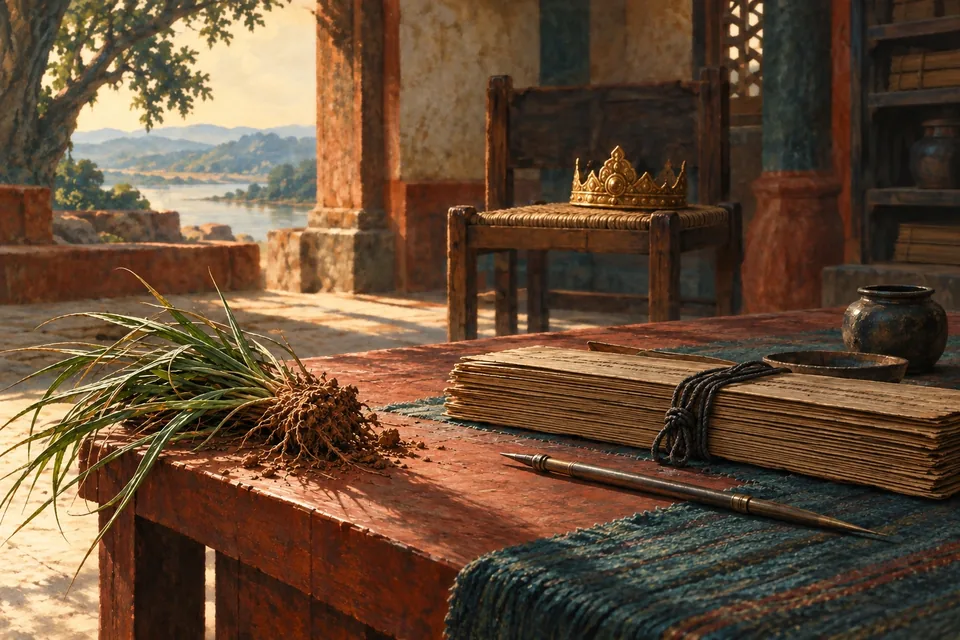 An uprooted tuft of sharp kusha grass lies beside a scholar's palm-leaf manuscript, stylus and tightly knotted cord.
