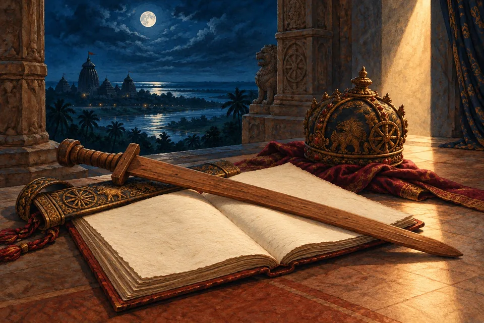 A plain wooden sword withdrawn from an ornate scabbard lies across an open unlettered manuscript.