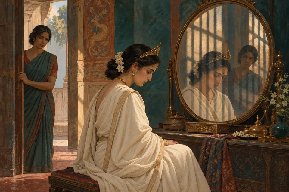 A queen in a plain ivory sari sits before a bronze mirror, eyes lowered; a woman attendant in modest cotton pauses in the doorway.