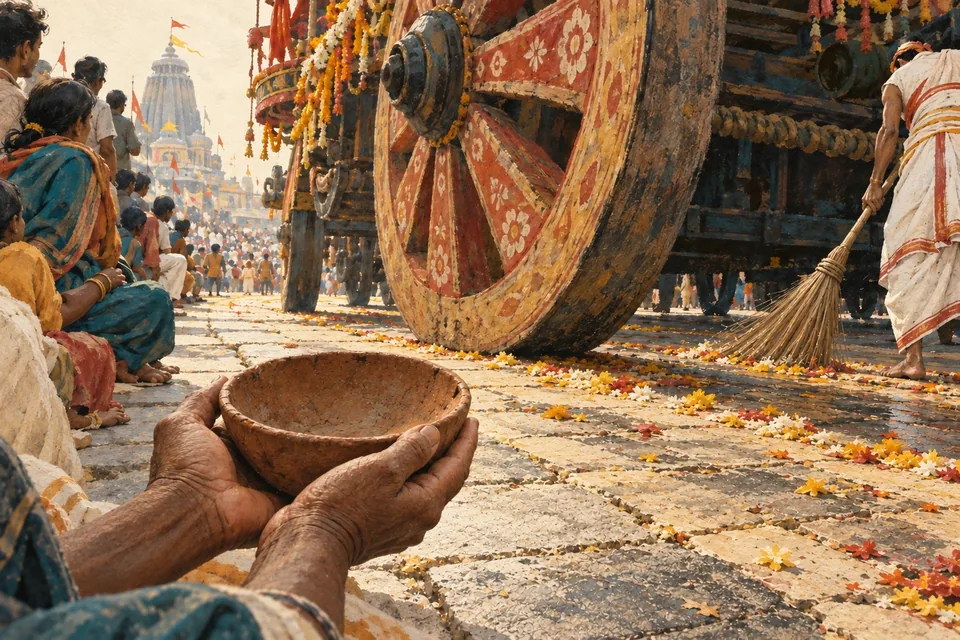 A huge ceremonial chariot wheel rolls past the edge of a modest crowd in an Odisha street.