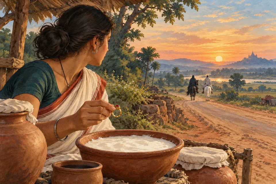 On a rural roadside a milk-seller holds a small jewelled ring over an earthen milk pot.