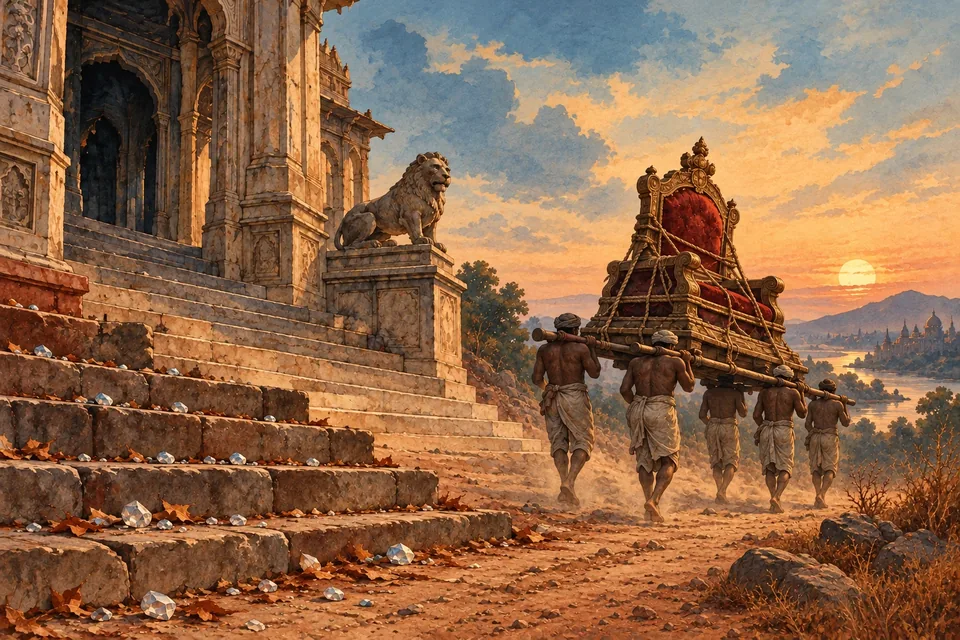 An ornate but weathered throne bound with heavy ropes to a travelling pack platform moves away along a dusty road, carried by porters.