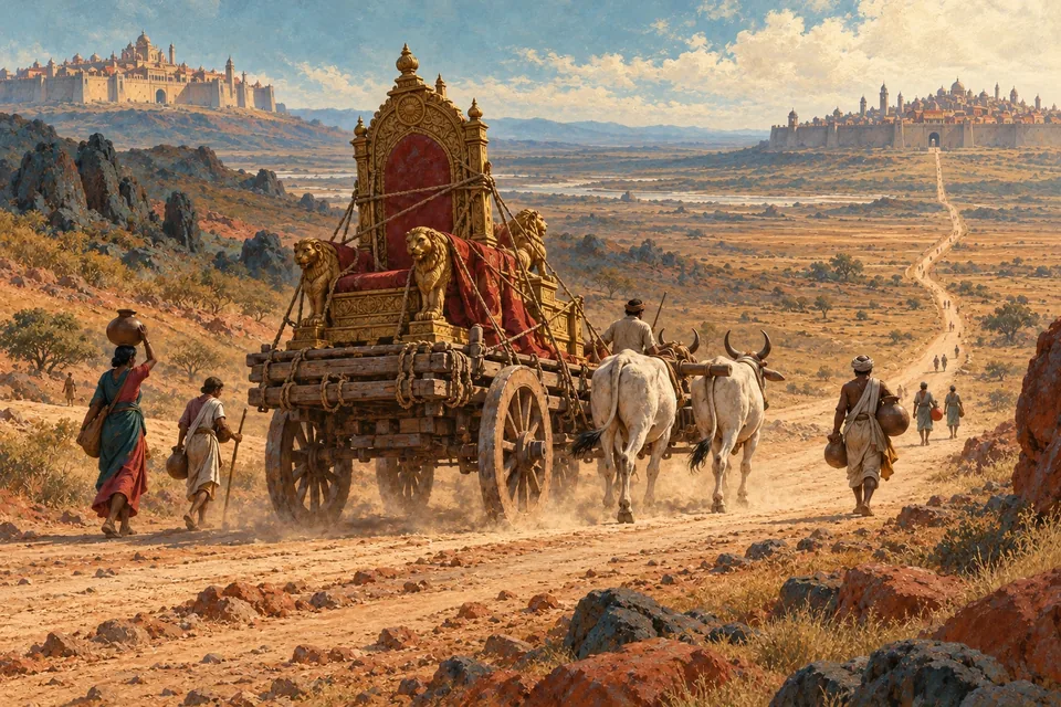 A throne lashed to a creaking bullock cart on a long barren road between two very distant walled cities.