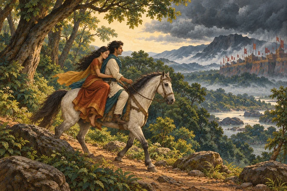 Two young lovers ride together on one horse along a lush forest path, seen in soft side profile, their expressions peaceful.
