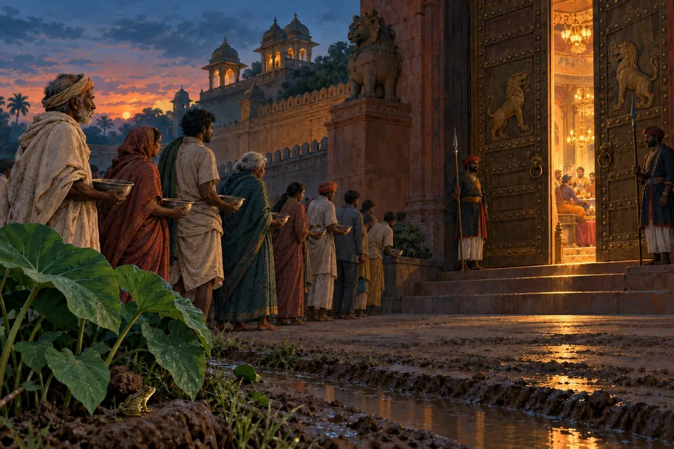A line of ordinary adults waits outside closed palace doors holding empty bowls.