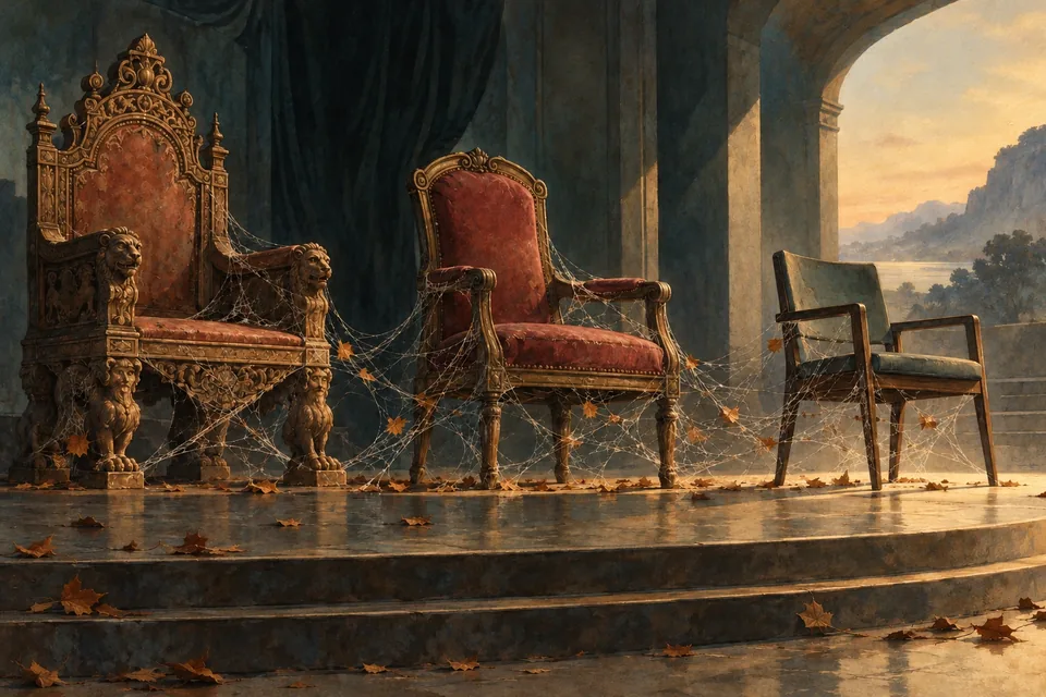 Different empty seats from different eras stand in a curved row on a dim stage: carved throne, upholstered state chair, austere modern chair.