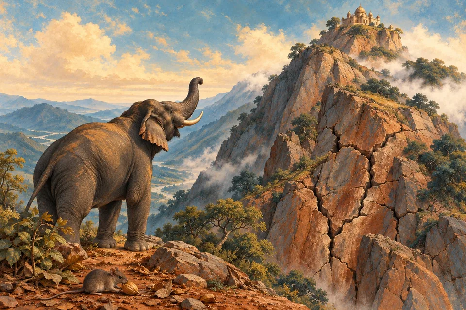 A majestic living elephant stands safely at the foot of a very steep mountain, looking up at a tiny palace on the summit.