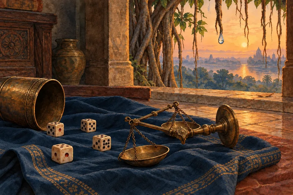 A small justice balance has been laid sideways beside dice and an overturned cup on an indigo game cloth.