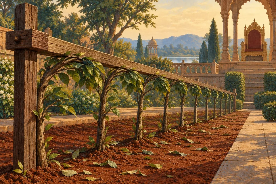 A row of living saplings has been forced under a rigid horizontal wooden measuring beam in a palace garden.