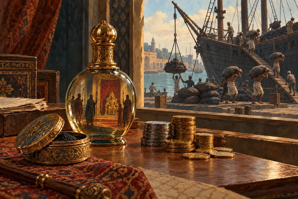A small ornate snuffbox, perfume bottle and stacked coins on a merchant's desk.