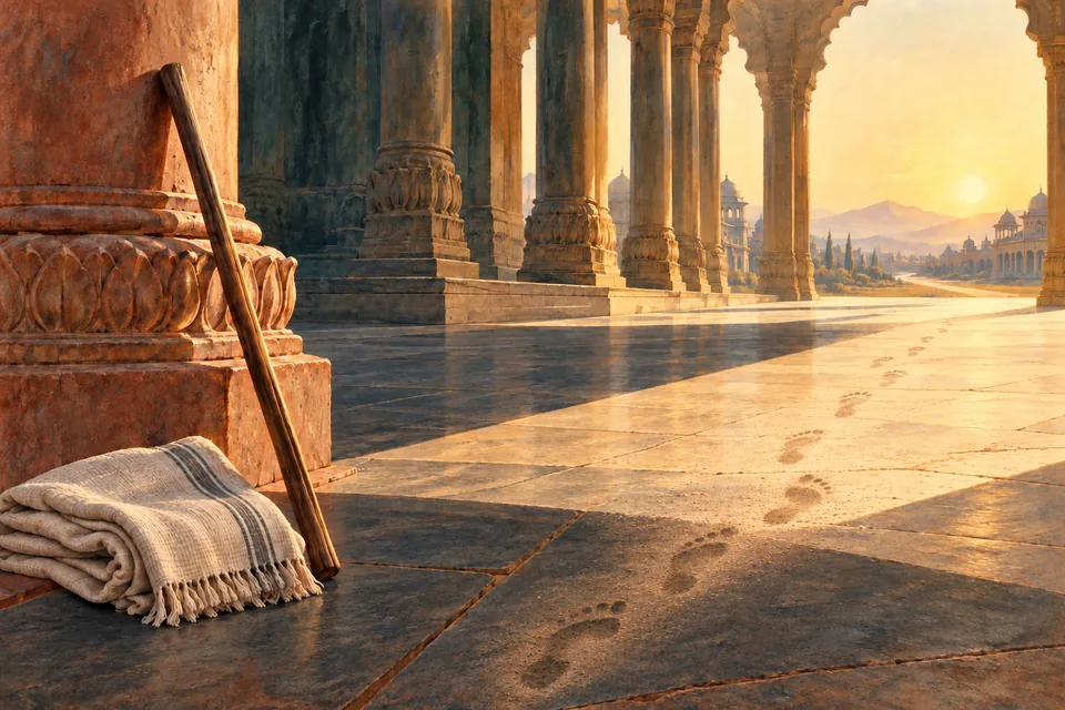 A plain walking staff and folded homespun cloth in the foreground of an immense sunlit imperial colonnade.