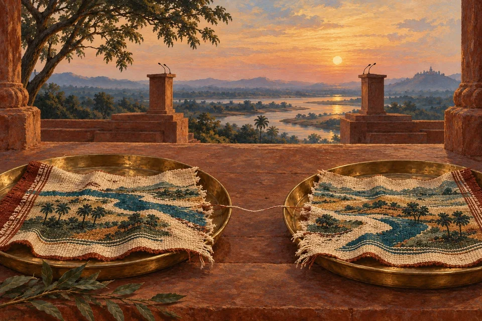 A single handwoven cloth shaped loosely like a river-crossed landscape has been cut into two and laid on separate brass trays.