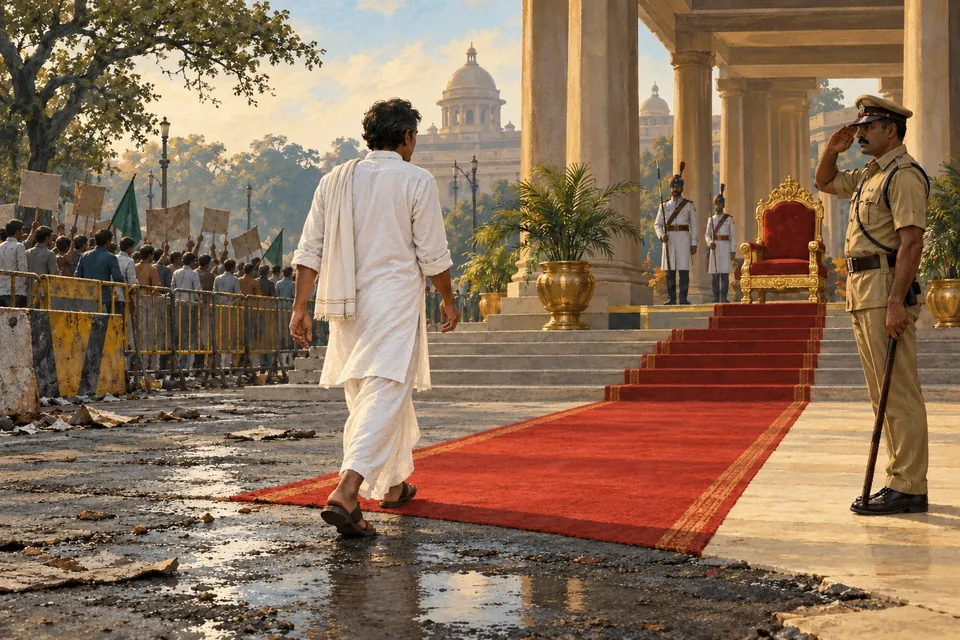 A man in plain white cotton walks from a worn protest road onto a newly laid ceremonial carpet.