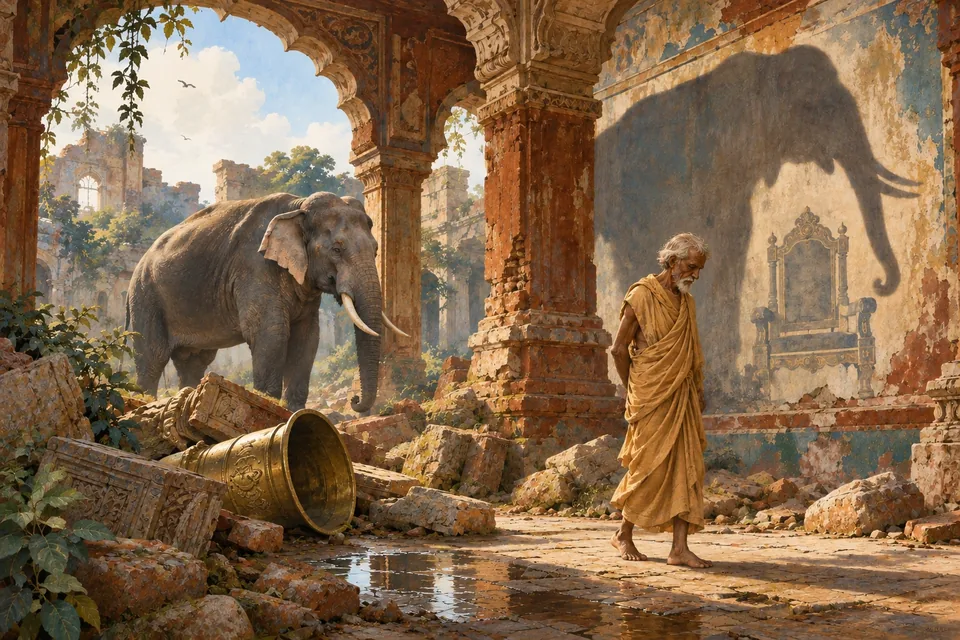 A barefoot older man in a simple ochre wrap walks beneath ruined palace arches.