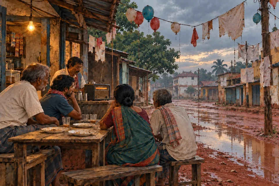 Faded election balloons and blank torn posters hang above a deserted street washed with muted red laterite dust after rain.