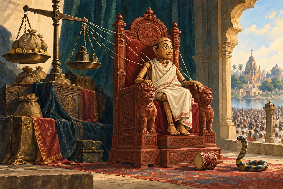 A small carved wooden puppet dressed in a plain saint-like shawl sits on an oversized state chair.