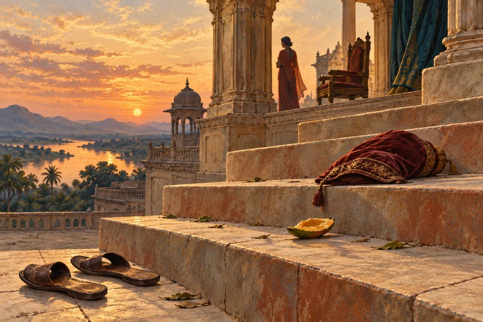 A discarded mango lies on the palace steps next to a fallen soft cushion.
