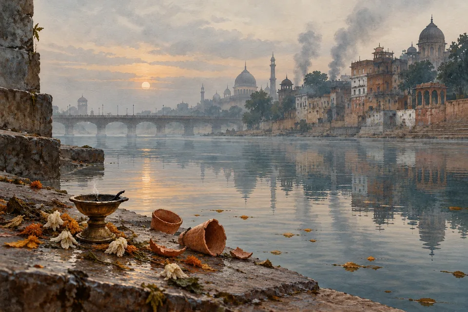 A quiet Delhi-like riverside at grey dawn, with smoke-stained houses and their reflections in still water.