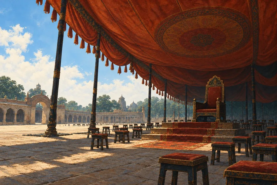 A vast pale-blue sky is partly obscured by a heavy rust-red ceremonial canopy stretching over an empty public square.