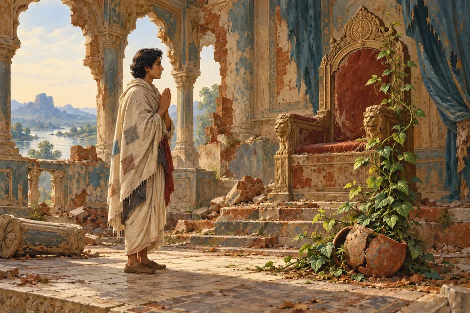 A young heir in a deliberately plain patched shawl stands with folded hands beside an empty throne in a damaged hall.