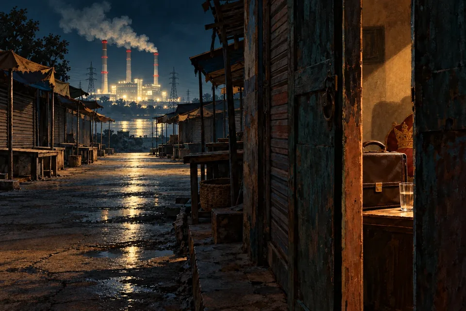 A shuttered night market is illuminated harshly by a distant power station.
