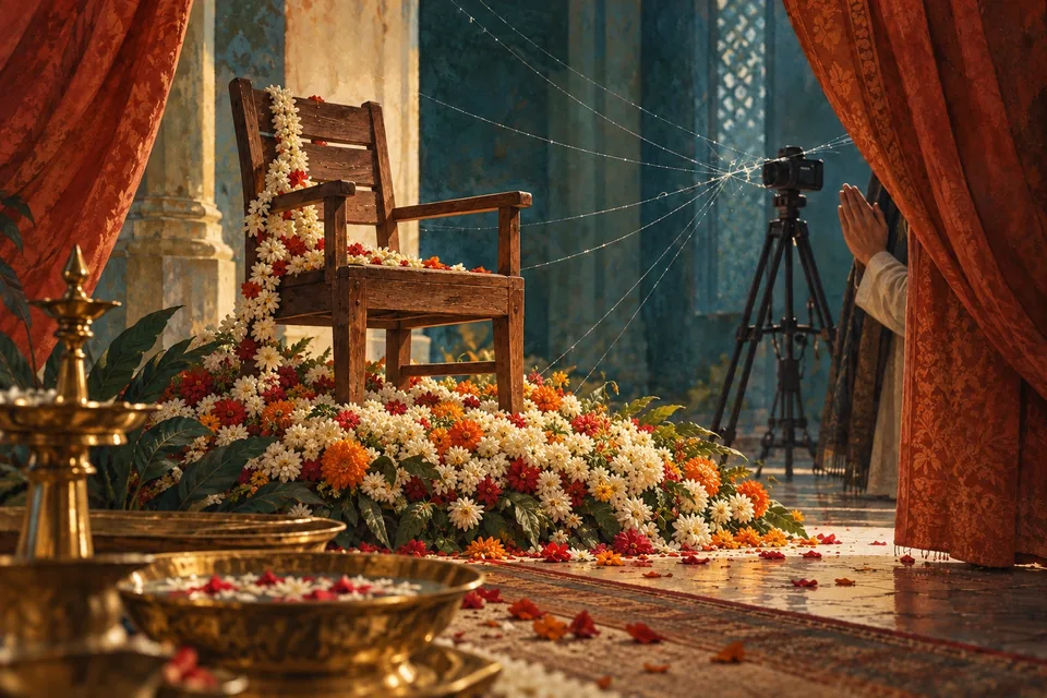 An ordinary empty wooden chair has been lifted onto a bed of ceremonial flowers.