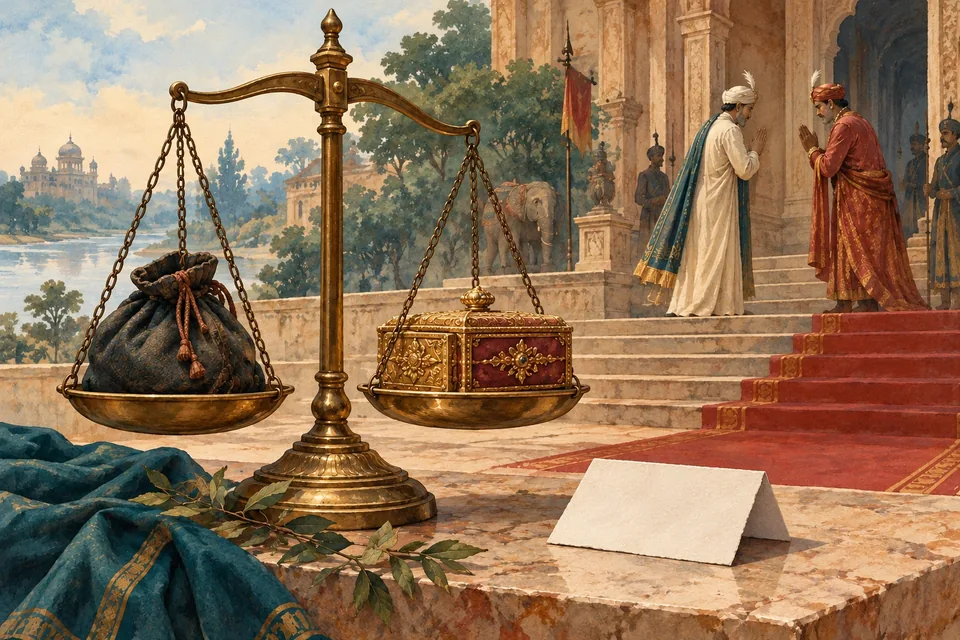 A brass balance holds a dark travel pouch in one pan and a polished ceremonial gift box in the other.