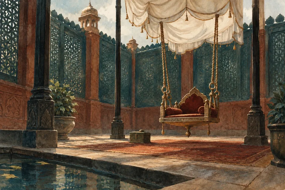 A small empty throne is suspended like a cradle beneath a fashionable pale canopy inside a fortified courtyard.