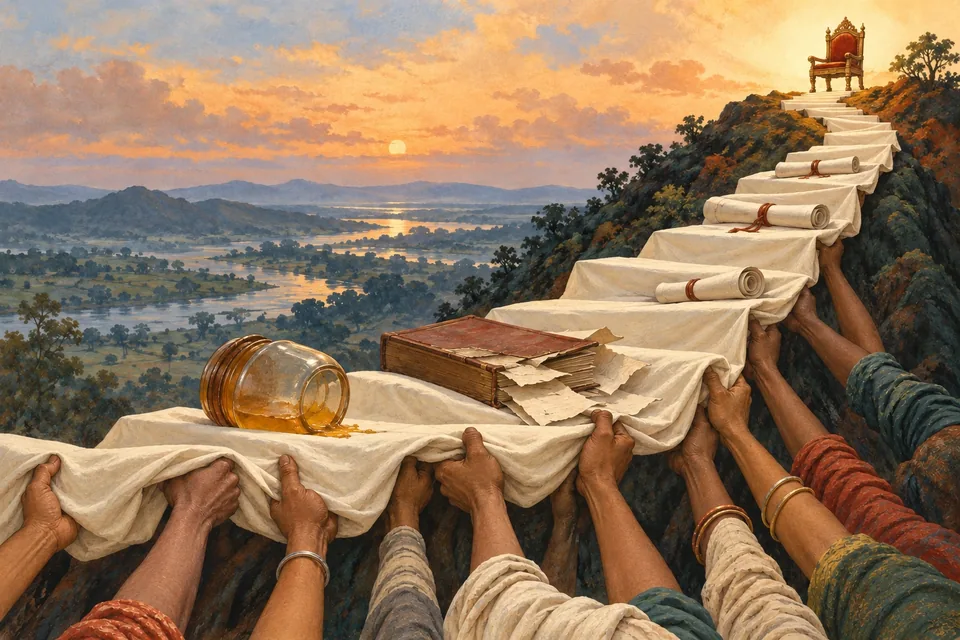 Many ordinary hands support a makeshift staircase of folded ivory cloth toward a tiny empty state chair on a hill.