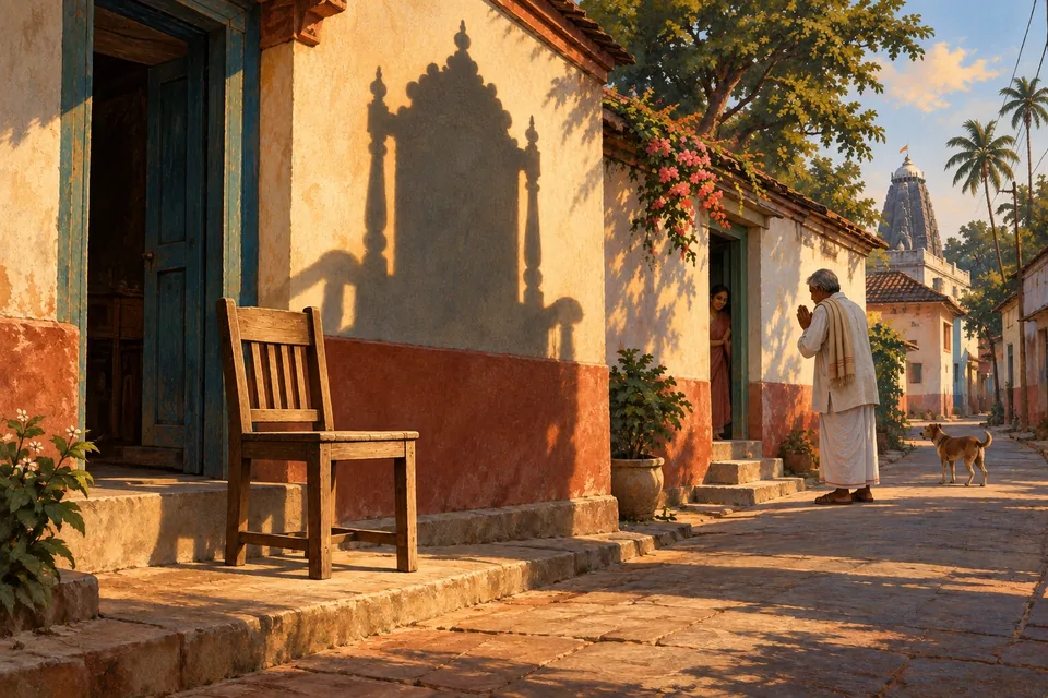 An ordinary wooden chair in a street doorway casts an immense throne-shaped shadow up a wall.