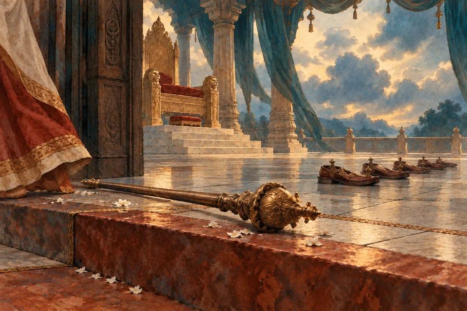 A ceremonial sceptre falls across the threshold of a cloud-lit pavilion while several empty ceremonial sandals wait in a line beyond it.