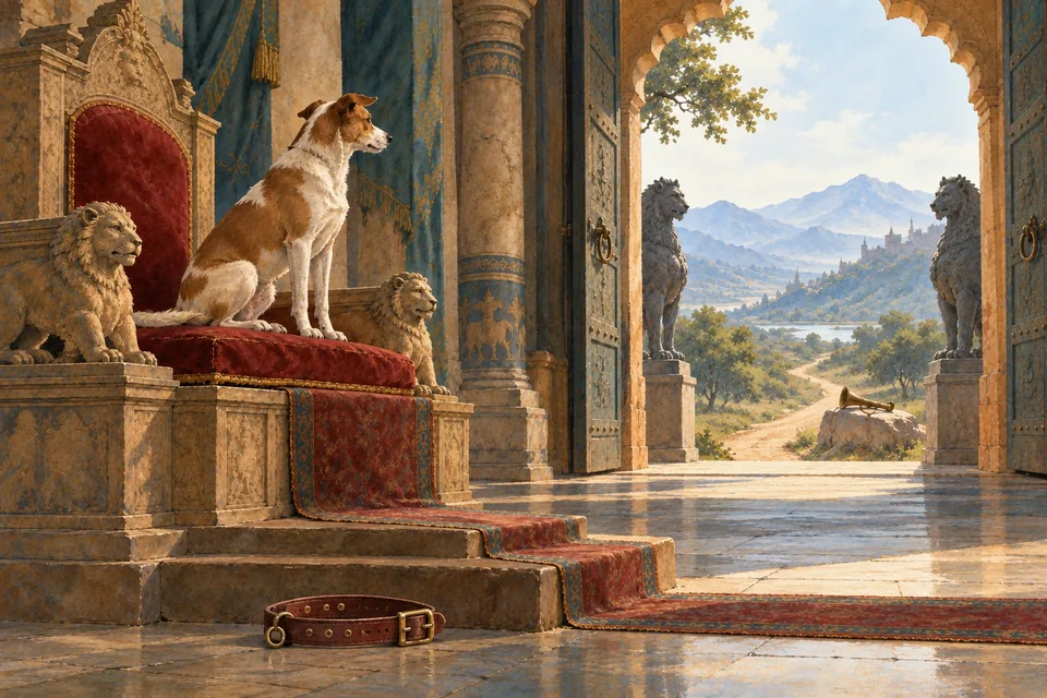 A clever-looking ordinary dog sits alert on the raised cushion of an empty throne, looking toward the open palace gate.
