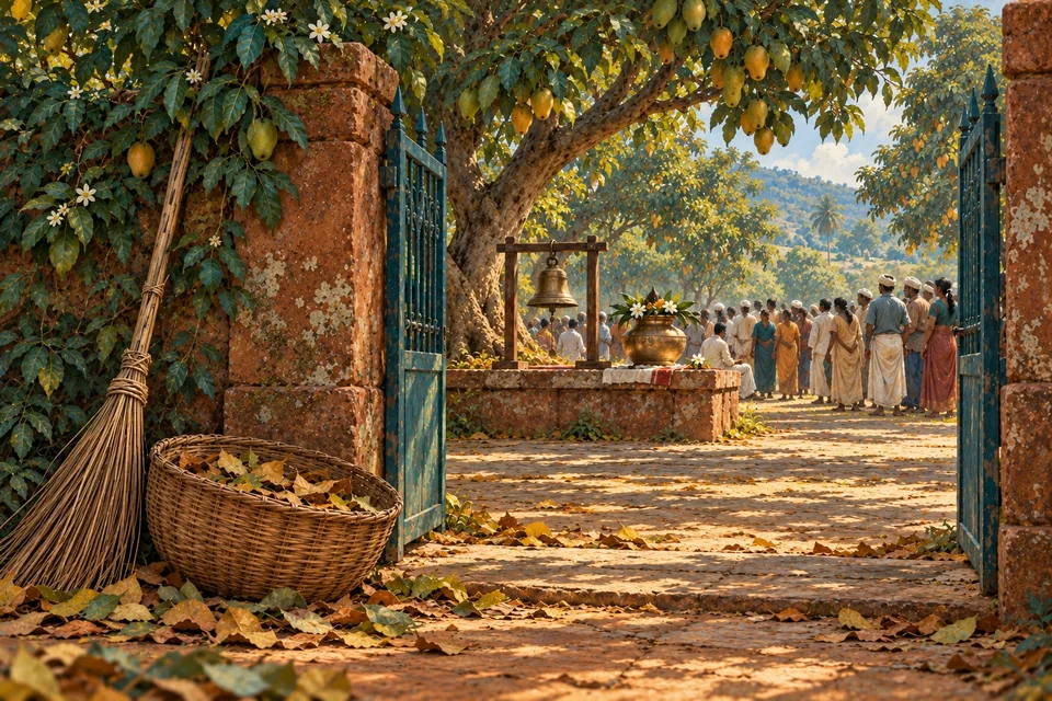 A weathered gardener's broom and basket of gathered leaves rest beside an orchard gate.